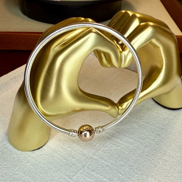 EUC Pandora Sterling Silver Bangle Bracelet w/ Pandora Rose Clasp - Picture 4 of 17